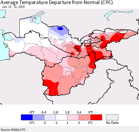Central Asia Average Temperature Departure from Normal (CPC) Thematic Map For 1/15/2024 - 1/21/2024