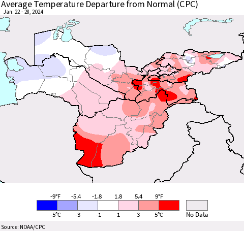 Central Asia Average Temperature Departure from Normal (CPC) Thematic Map For 1/22/2024 - 1/28/2024