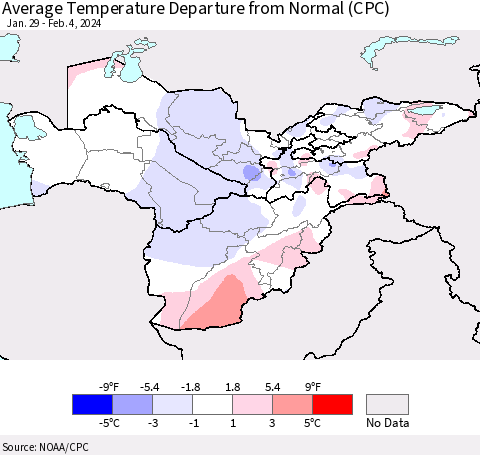 Central Asia Average Temperature Departure from Normal (CPC) Thematic Map For 1/29/2024 - 2/4/2024