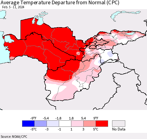 Central Asia Average Temperature Departure from Normal (CPC) Thematic Map For 2/5/2024 - 2/11/2024