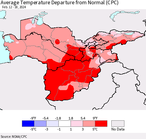 Central Asia Average Temperature Departure from Normal (CPC) Thematic Map For 2/12/2024 - 2/18/2024