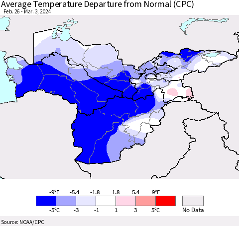 Central Asia Average Temperature Departure from Normal (CPC) Thematic Map For 2/26/2024 - 3/3/2024