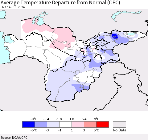 Central Asia Average Temperature Departure from Normal (CPC) Thematic Map For 3/4/2024 - 3/10/2024