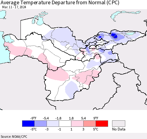 Central Asia Average Temperature Departure from Normal (CPC) Thematic Map For 3/11/2024 - 3/17/2024