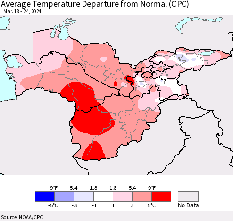 Central Asia Average Temperature Departure from Normal (CPC) Thematic Map For 3/18/2024 - 3/24/2024