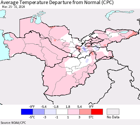 Central Asia Average Temperature Departure from Normal (CPC) Thematic Map For 3/25/2024 - 3/31/2024