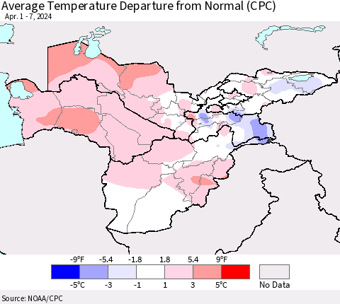 Central Asia Average Temperature Departure from Normal (CPC) Thematic Map For 4/1/2024 - 4/7/2024