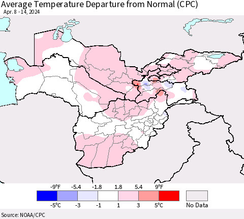 Central Asia Average Temperature Departure from Normal (CPC) Thematic Map For 4/8/2024 - 4/14/2024