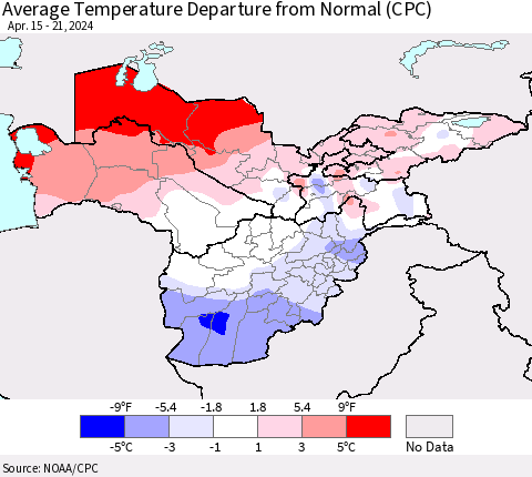 Central Asia Average Temperature Departure from Normal (CPC) Thematic Map For 4/15/2024 - 4/21/2024