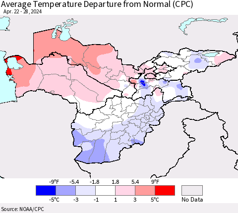 Central Asia Average Temperature Departure from Normal (CPC) Thematic Map For 4/22/2024 - 4/28/2024