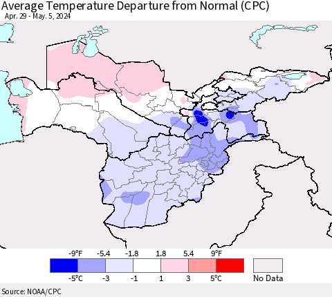 Central Asia Average Temperature Departure from Normal (CPC) Thematic Map For 4/29/2024 - 5/5/2024