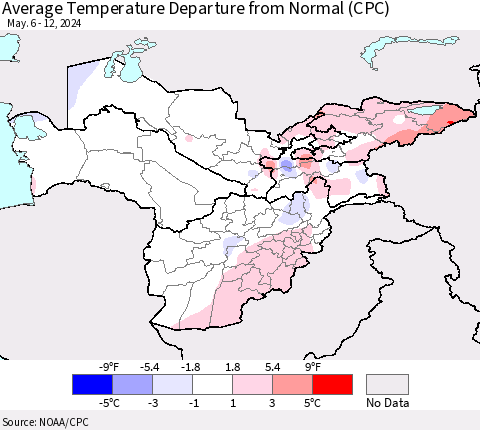 Central Asia Average Temperature Departure from Normal (CPC) Thematic Map For 5/6/2024 - 5/12/2024