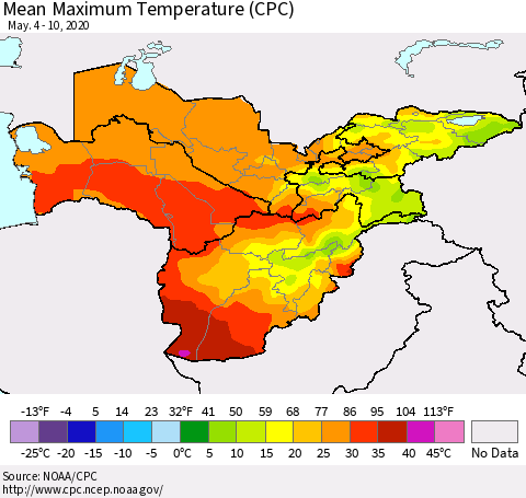 Central Asia Mean Maximum Temperature (CPC) Thematic Map For 5/4/2020 - 5/10/2020