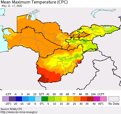 Central Asia Mean Maximum Temperature (CPC) Thematic Map For 5/11/2020 - 5/17/2020