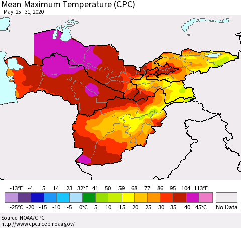 Central Asia Mean Maximum Temperature (CPC) Thematic Map For 5/25/2020 - 5/31/2020