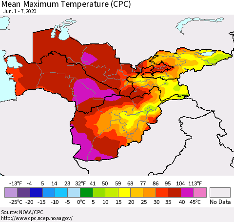 Central Asia Mean Maximum Temperature (CPC) Thematic Map For 6/1/2020 - 6/7/2020