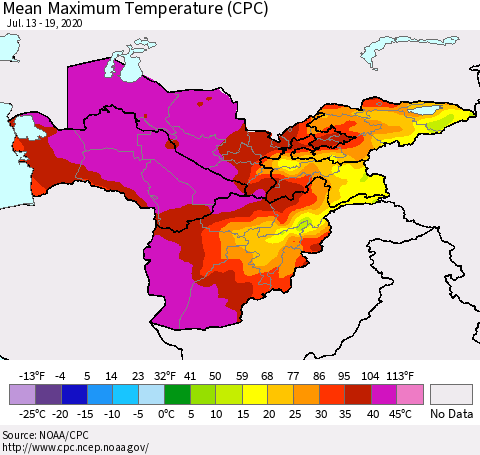 Central Asia Mean Maximum Temperature (CPC) Thematic Map For 7/13/2020 - 7/19/2020