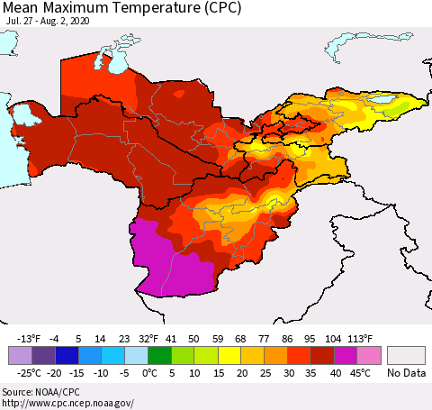 Central Asia Mean Maximum Temperature (CPC) Thematic Map For 7/27/2020 - 8/2/2020