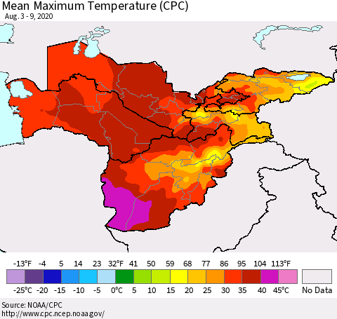 Central Asia Mean Maximum Temperature (CPC) Thematic Map For 8/3/2020 - 8/9/2020