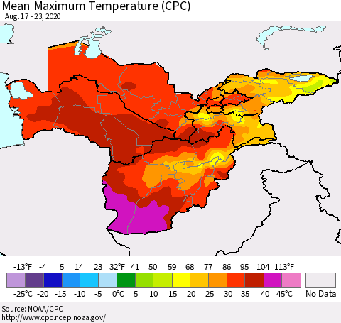 Central Asia Mean Maximum Temperature (CPC) Thematic Map For 8/17/2020 - 8/23/2020