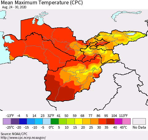 Central Asia Mean Maximum Temperature (CPC) Thematic Map For 8/24/2020 - 8/30/2020