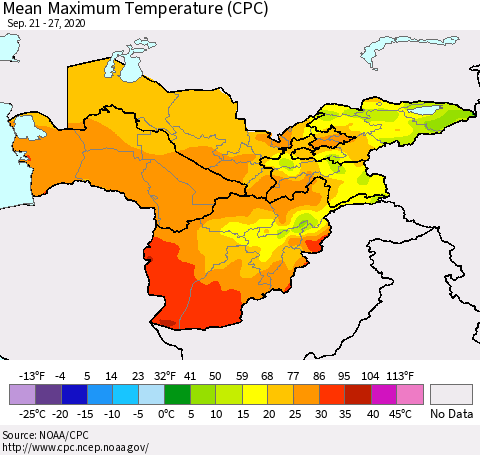 Central Asia Mean Maximum Temperature (CPC) Thematic Map For 9/21/2020 - 9/27/2020