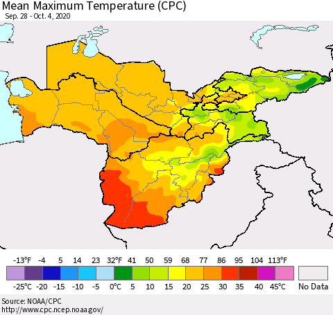 Central Asia Mean Maximum Temperature (CPC) Thematic Map For 9/28/2020 - 10/4/2020