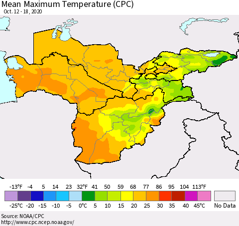 Central Asia Mean Maximum Temperature (CPC) Thematic Map For 10/12/2020 - 10/18/2020