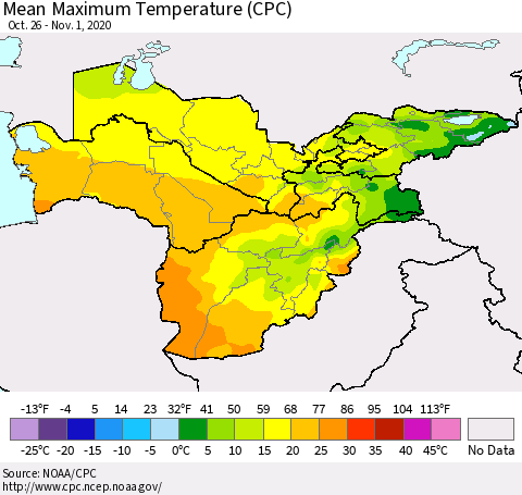 Central Asia Mean Maximum Temperature (CPC) Thematic Map For 10/26/2020 - 11/1/2020