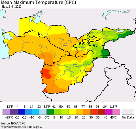 Central Asia Mean Maximum Temperature (CPC) Thematic Map For 11/2/2020 - 11/8/2020