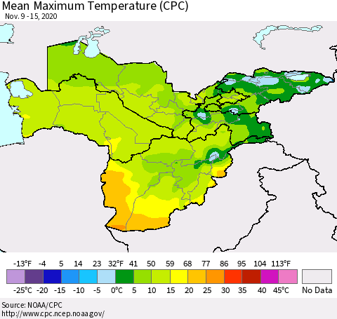 Central Asia Mean Maximum Temperature (CPC) Thematic Map For 11/9/2020 - 11/15/2020