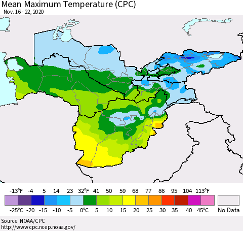 Central Asia Mean Maximum Temperature (CPC) Thematic Map For 11/16/2020 - 11/22/2020