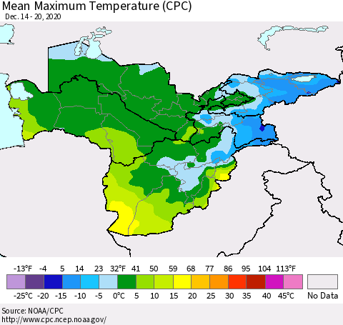 Central Asia Mean Maximum Temperature (CPC) Thematic Map For 12/14/2020 - 12/20/2020