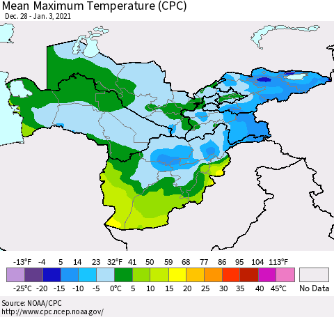 Central Asia Mean Maximum Temperature (CPC) Thematic Map For 12/28/2020 - 1/3/2021