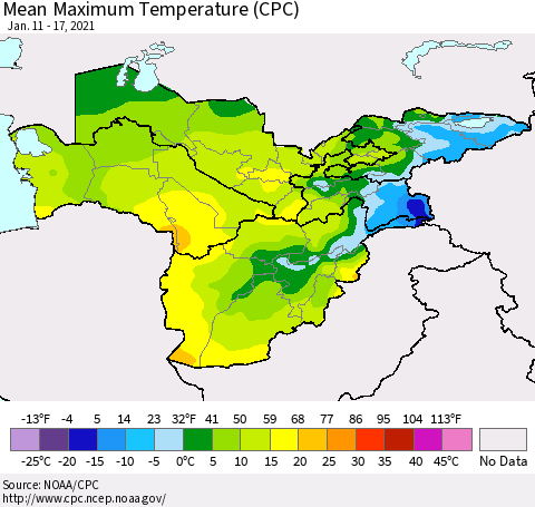 Central Asia Mean Maximum Temperature (CPC) Thematic Map For 1/11/2021 - 1/17/2021