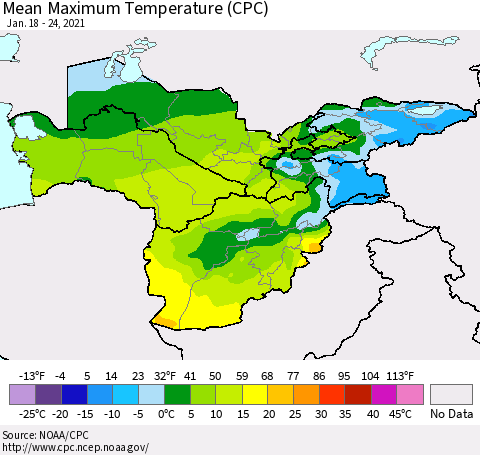 Central Asia Mean Maximum Temperature (CPC) Thematic Map For 1/18/2021 - 1/24/2021