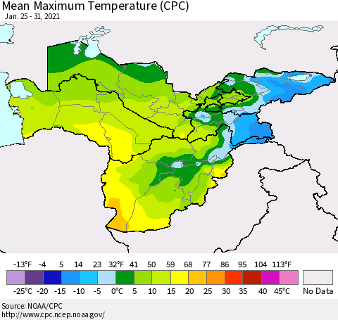 Central Asia Mean Maximum Temperature (CPC) Thematic Map For 1/25/2021 - 1/31/2021