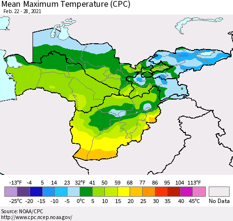 Central Asia Mean Maximum Temperature (CPC) Thematic Map For 2/22/2021 - 2/28/2021