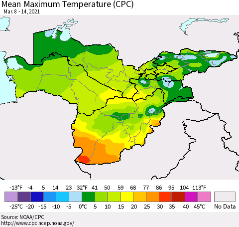 Central Asia Mean Maximum Temperature (CPC) Thematic Map For 3/8/2021 - 3/14/2021
