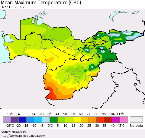 Central Asia Mean Maximum Temperature (CPC) Thematic Map For 3/15/2021 - 3/21/2021