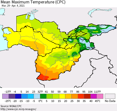 Central Asia Mean Maximum Temperature (CPC) Thematic Map For 3/29/2021 - 4/4/2021