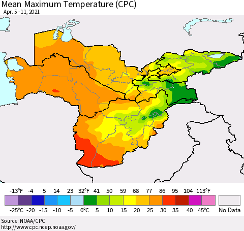 Central Asia Mean Maximum Temperature (CPC) Thematic Map For 4/5/2021 - 4/11/2021