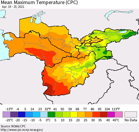 Central Asia Mean Maximum Temperature (CPC) Thematic Map For 4/19/2021 - 4/25/2021
