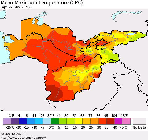 Central Asia Mean Maximum Temperature (CPC) Thematic Map For 4/26/2021 - 5/2/2021