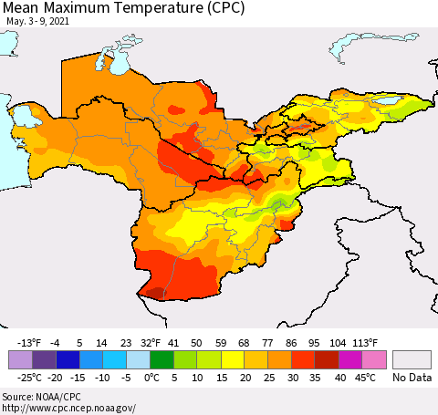 Central Asia Mean Maximum Temperature (CPC) Thematic Map For 5/3/2021 - 5/9/2021