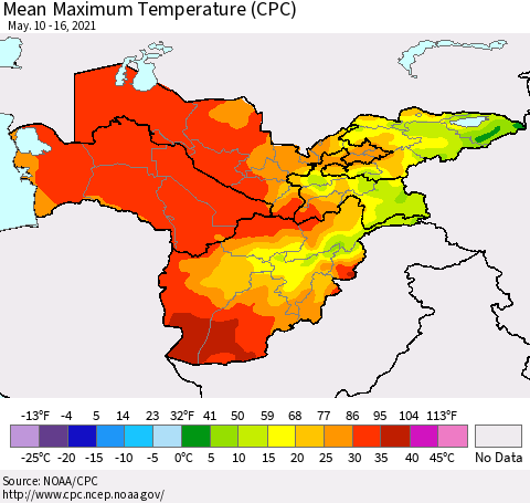 Central Asia Mean Maximum Temperature (CPC) Thematic Map For 5/10/2021 - 5/16/2021