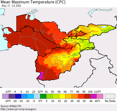 Central Asia Mean Maximum Temperature (CPC) Thematic Map For 5/17/2021 - 5/23/2021