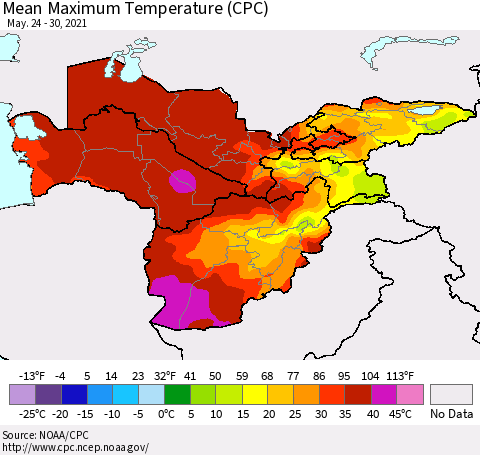 Central Asia Mean Maximum Temperature (CPC) Thematic Map For 5/24/2021 - 5/30/2021