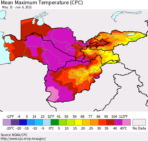 Central Asia Mean Maximum Temperature (CPC) Thematic Map For 5/31/2021 - 6/6/2021