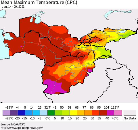 Central Asia Mean Maximum Temperature (CPC) Thematic Map For 6/14/2021 - 6/20/2021